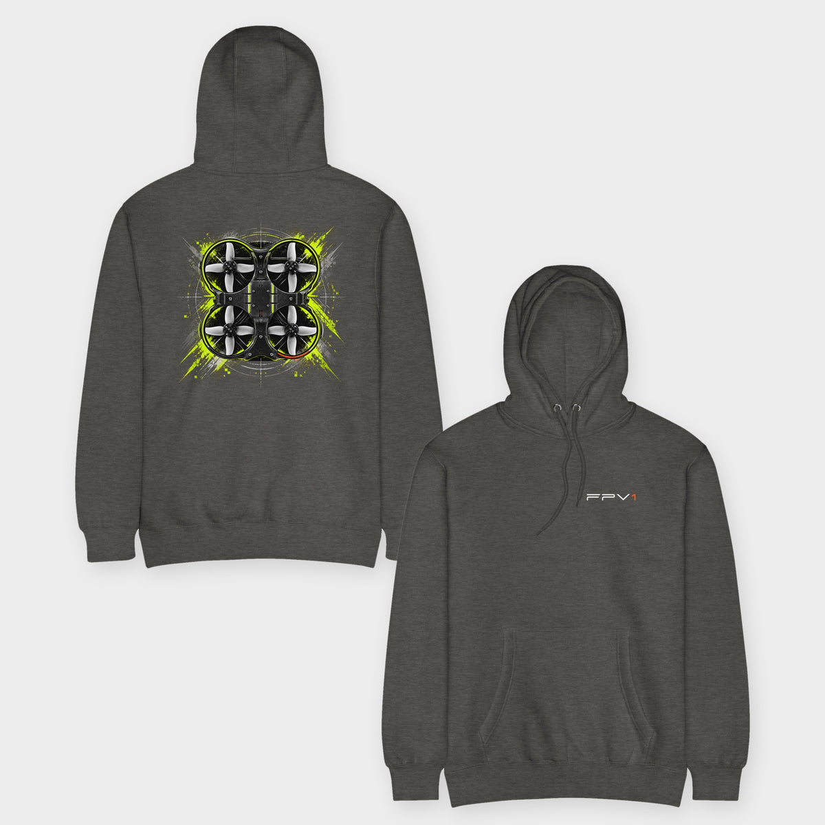 Cinewhoop Hoodie – Premium in Charcoal Heather – front and back