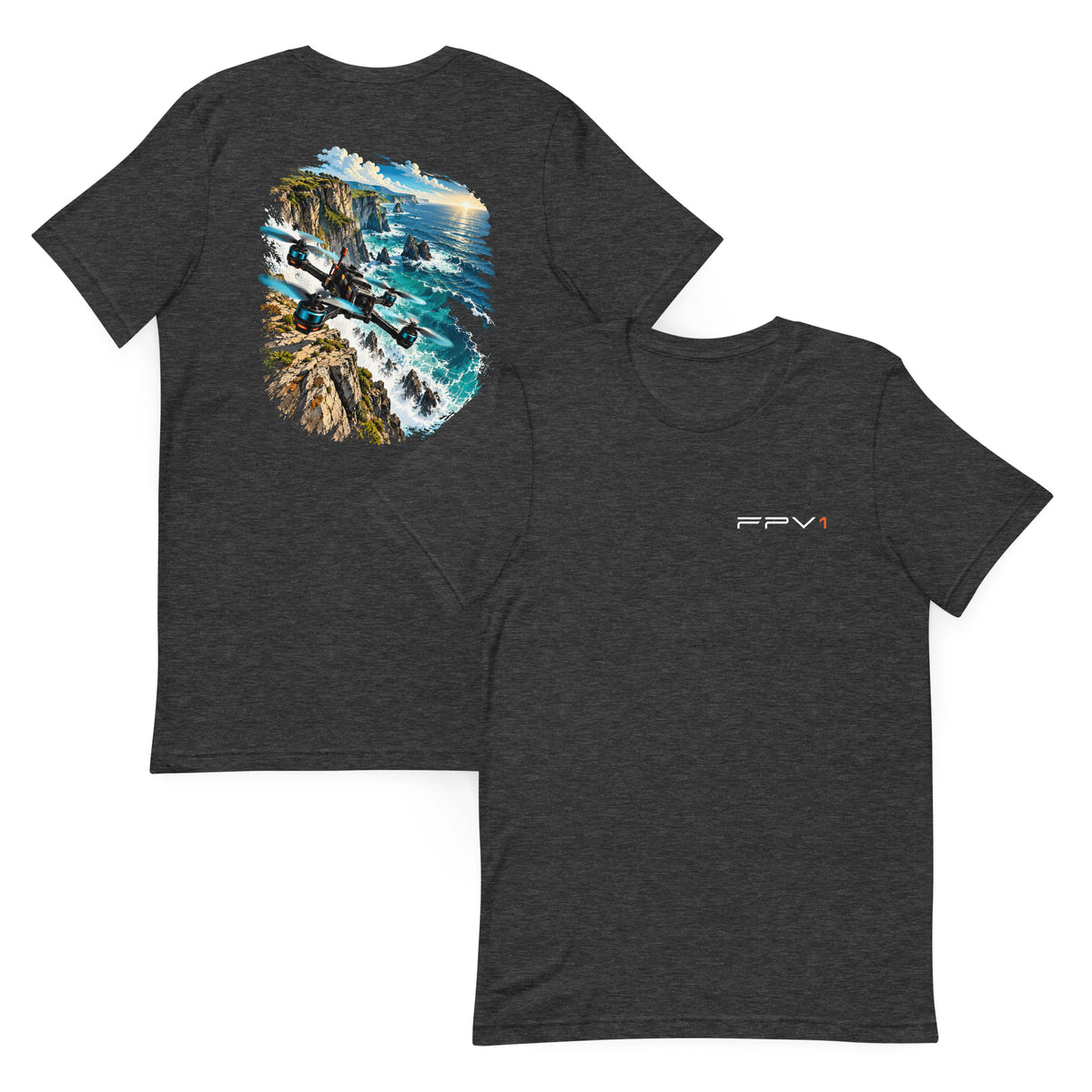 Coastal Cliff T-Shirt in Dark Grey Heather – front and back