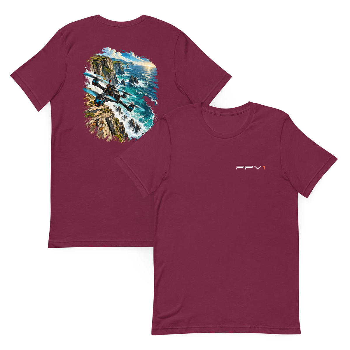 Coastal Cliff T-Shirt in Maroon – front and back