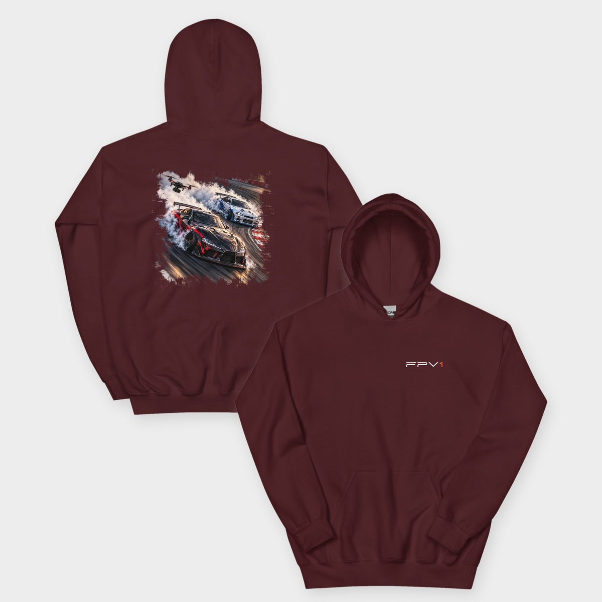 Drift Drone Hoodie in Maroon – front and back