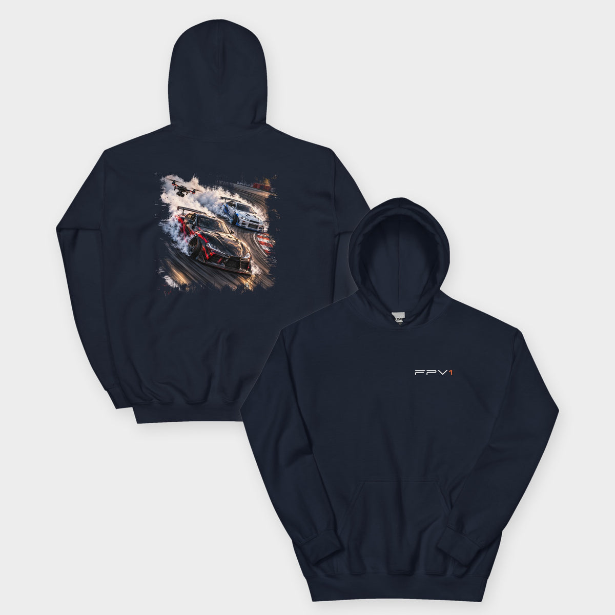 Drift Drone Hoodie in Navy – front and back