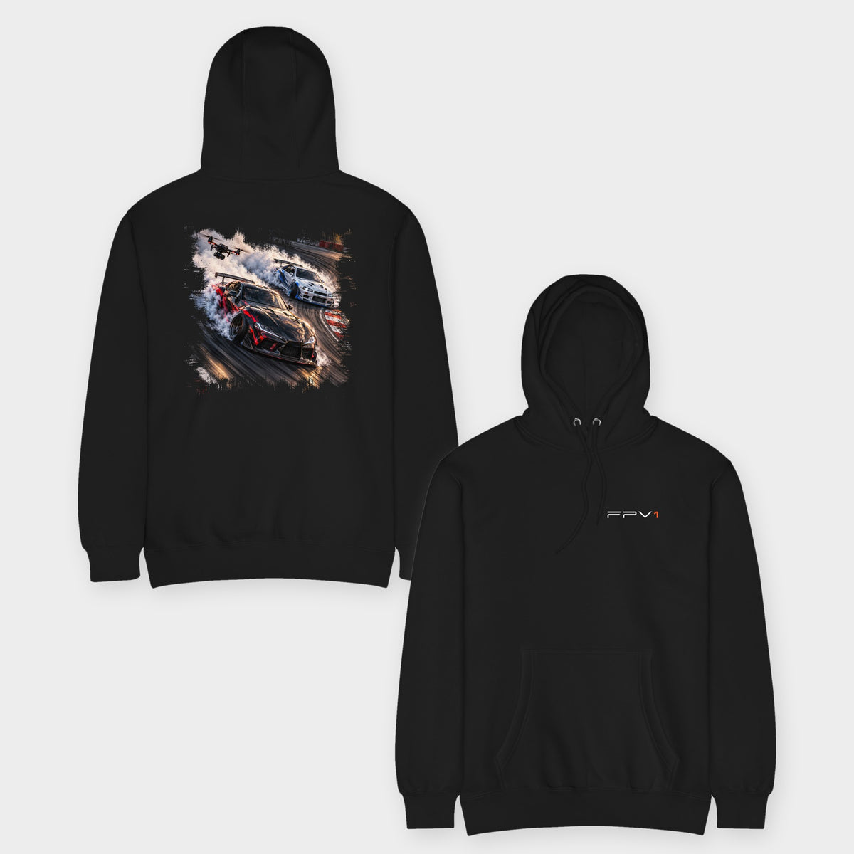 Drift Drone Hoodie – Premium in Black – front and back