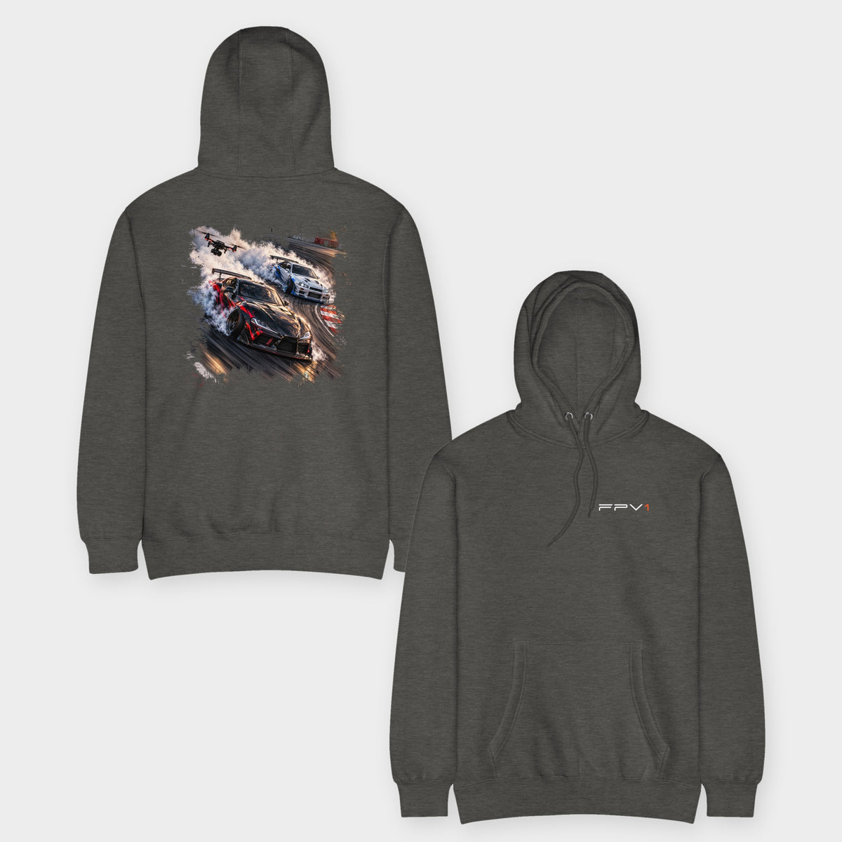 Drift Drone Hoodie – Premium in Charcoal Heather – front and back