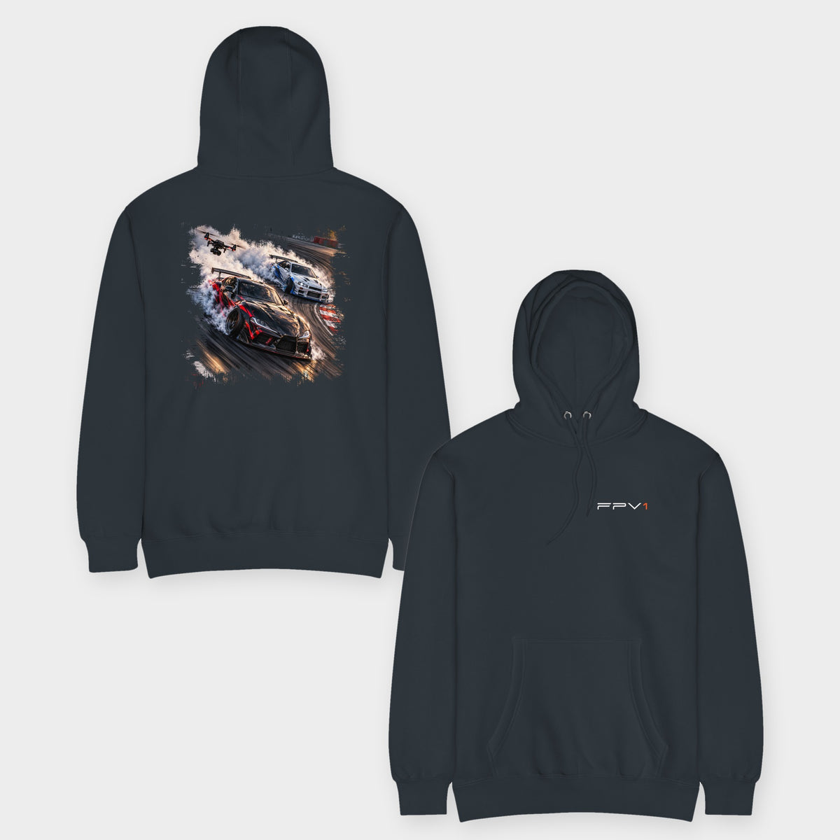 Drift Drone Hoodie – Premium in Navy – front and back