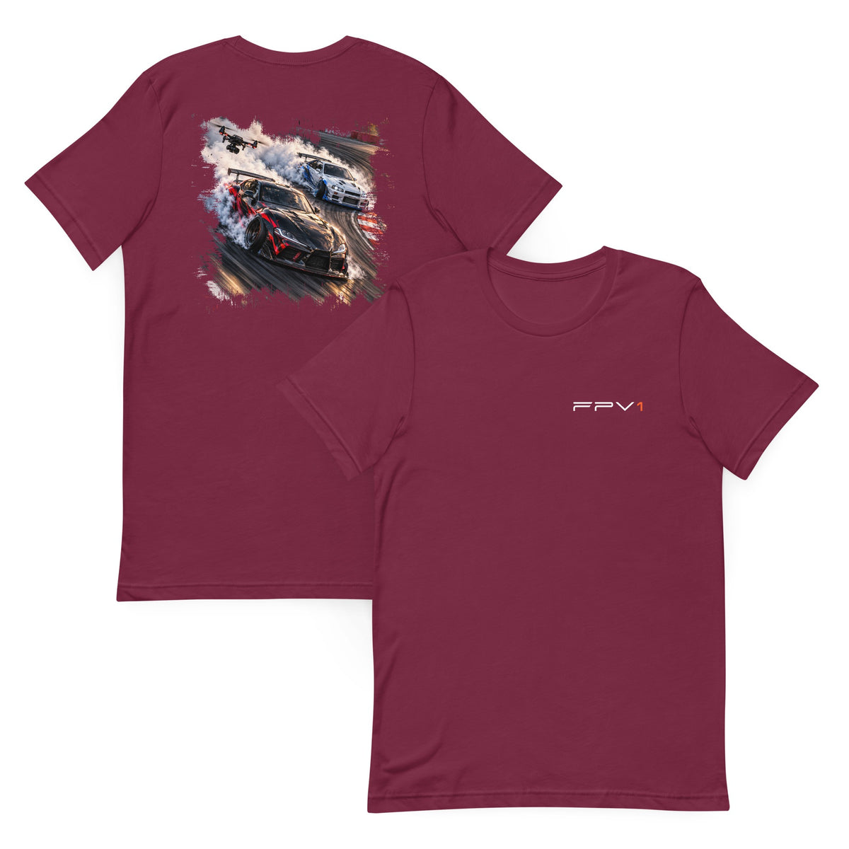 Drift Drone T-Shirt in Maroon – front and back