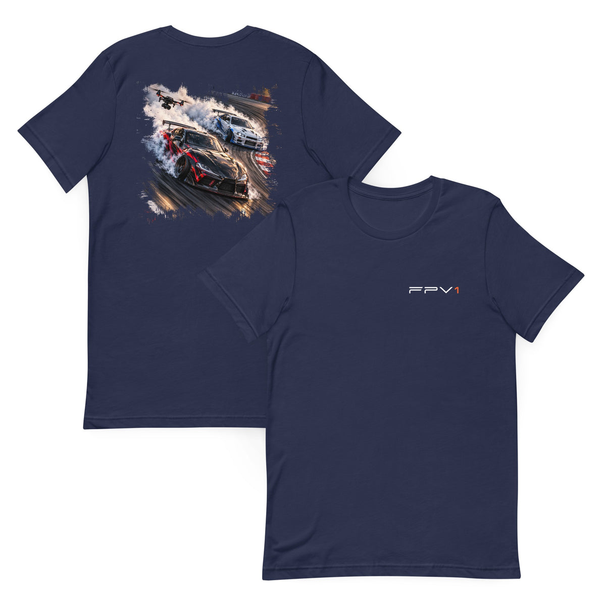 Drift Drone T-Shirt in Navy – front and back