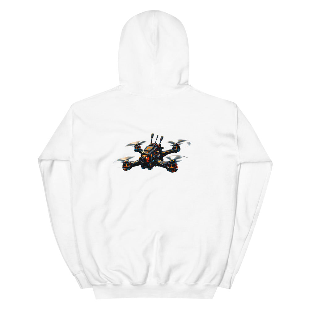 White FPV1 hoodie, back with drone print