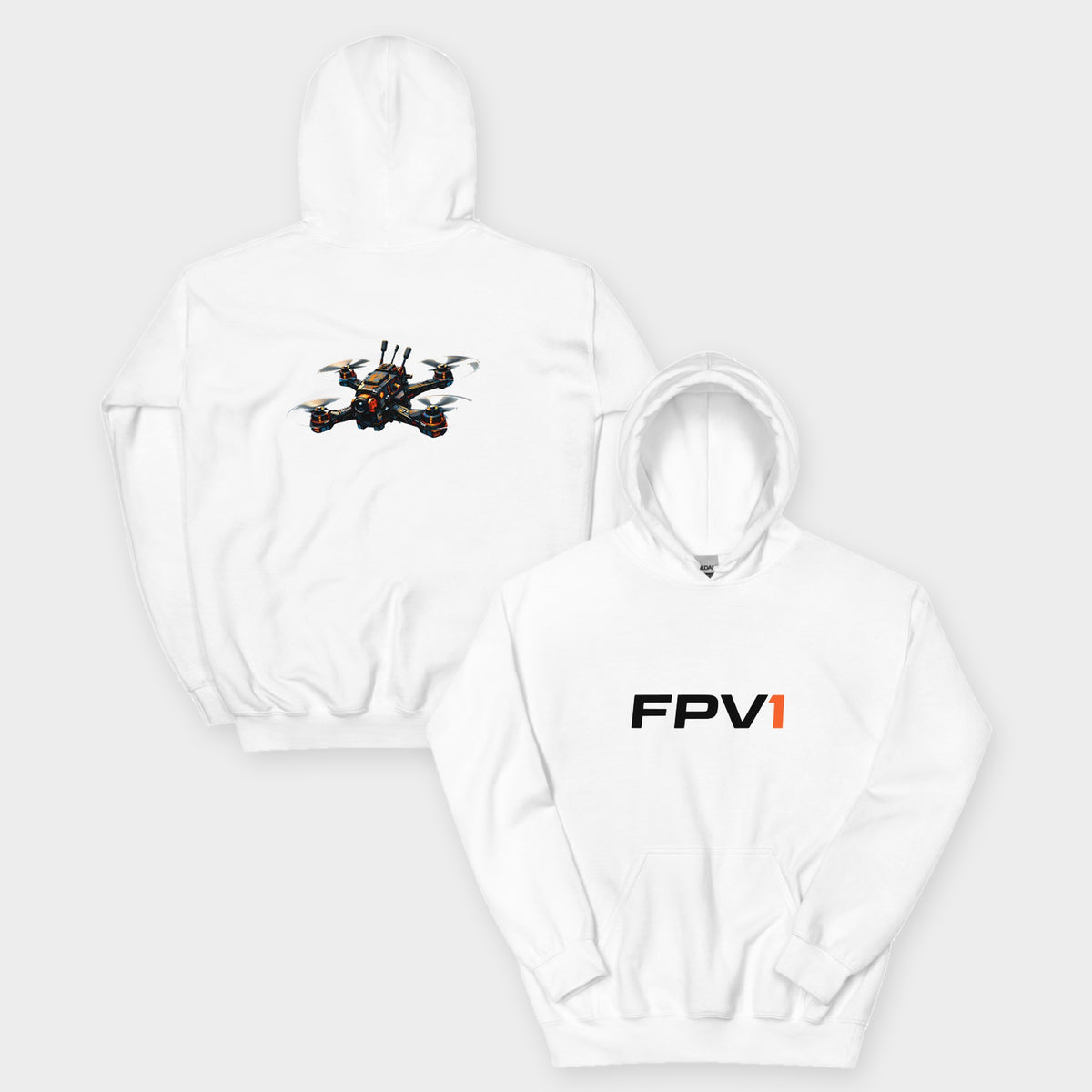FPV1 Drone Back Hoodie – White – front and back