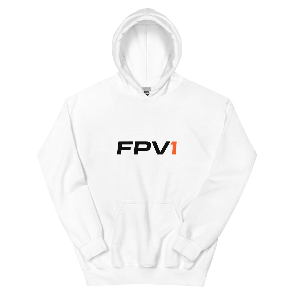 White FPV1 hoodie, front with FPV1 logo (orange 1)