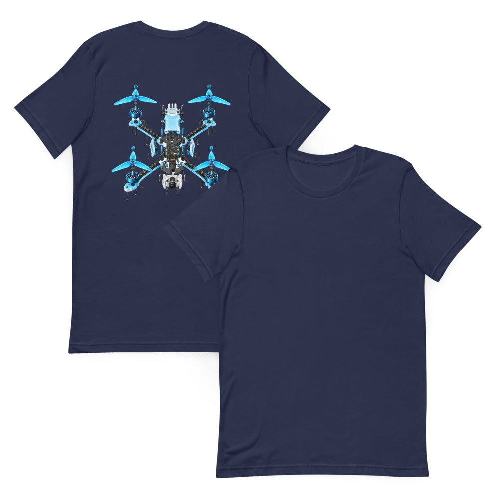 Exploded Drone T-Shirt in Navy – front and back