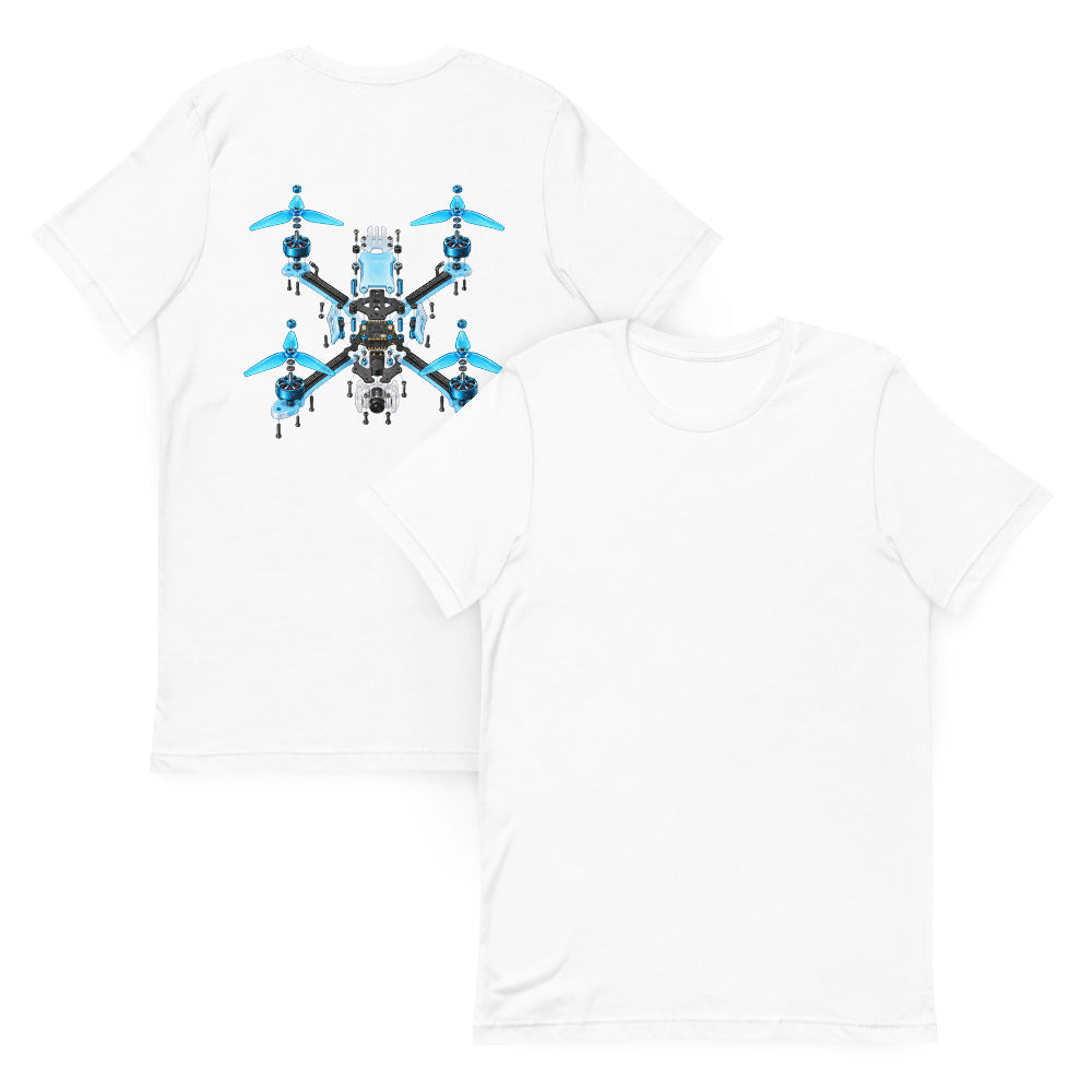 Exploded Drone T-Shirt in White – front and back