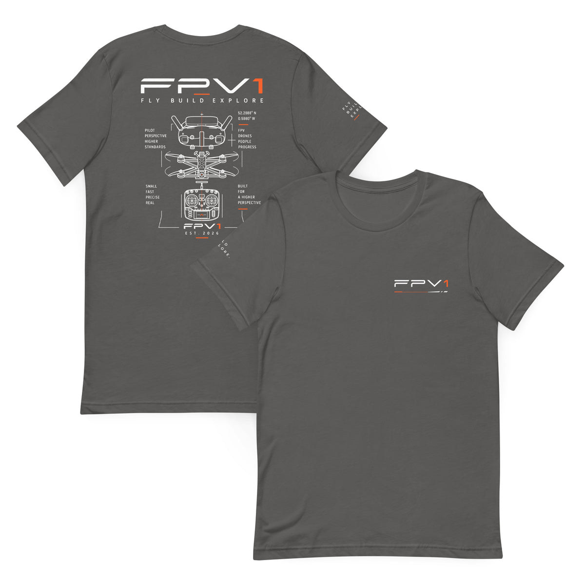 FLY BUILD EXPLORE T-Shirt – Asphalt – front and back