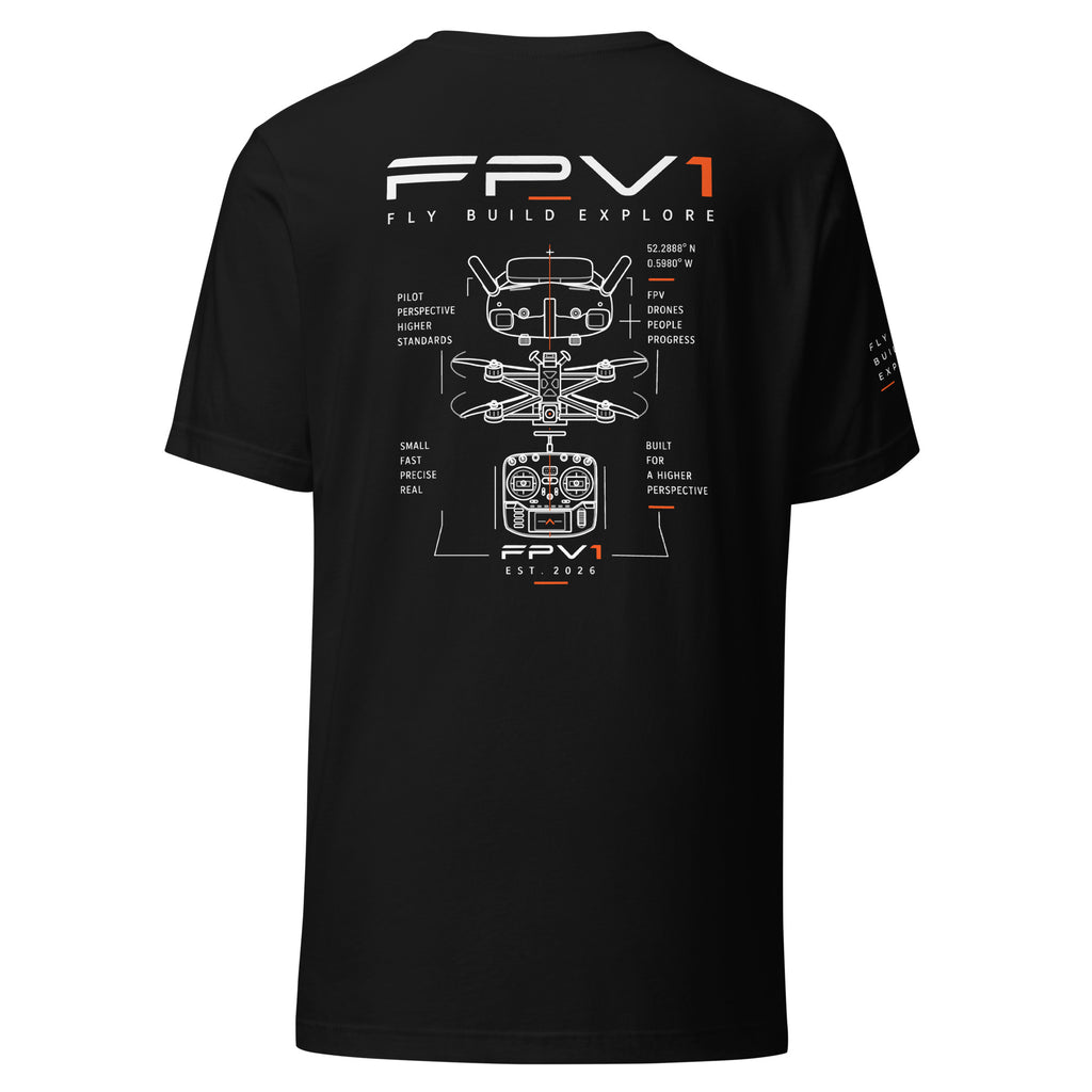 FLY BUILD EXPLORE T-Shirt in black – blueprint back print
