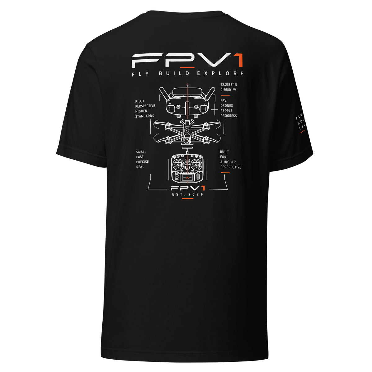 FLY BUILD EXPLORE T-Shirt in black – blueprint back print