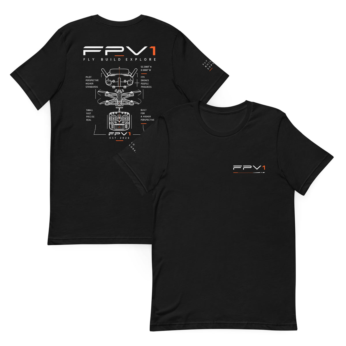 FLY BUILD EXPLORE T-Shirt – Black – front and back
