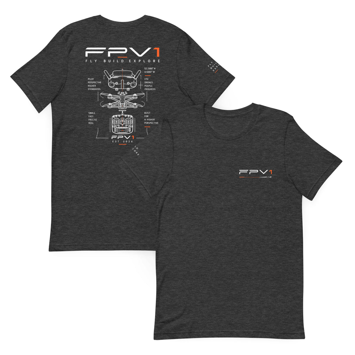 FLY BUILD EXPLORE T-Shirt – Dark Grey Heather – front and back