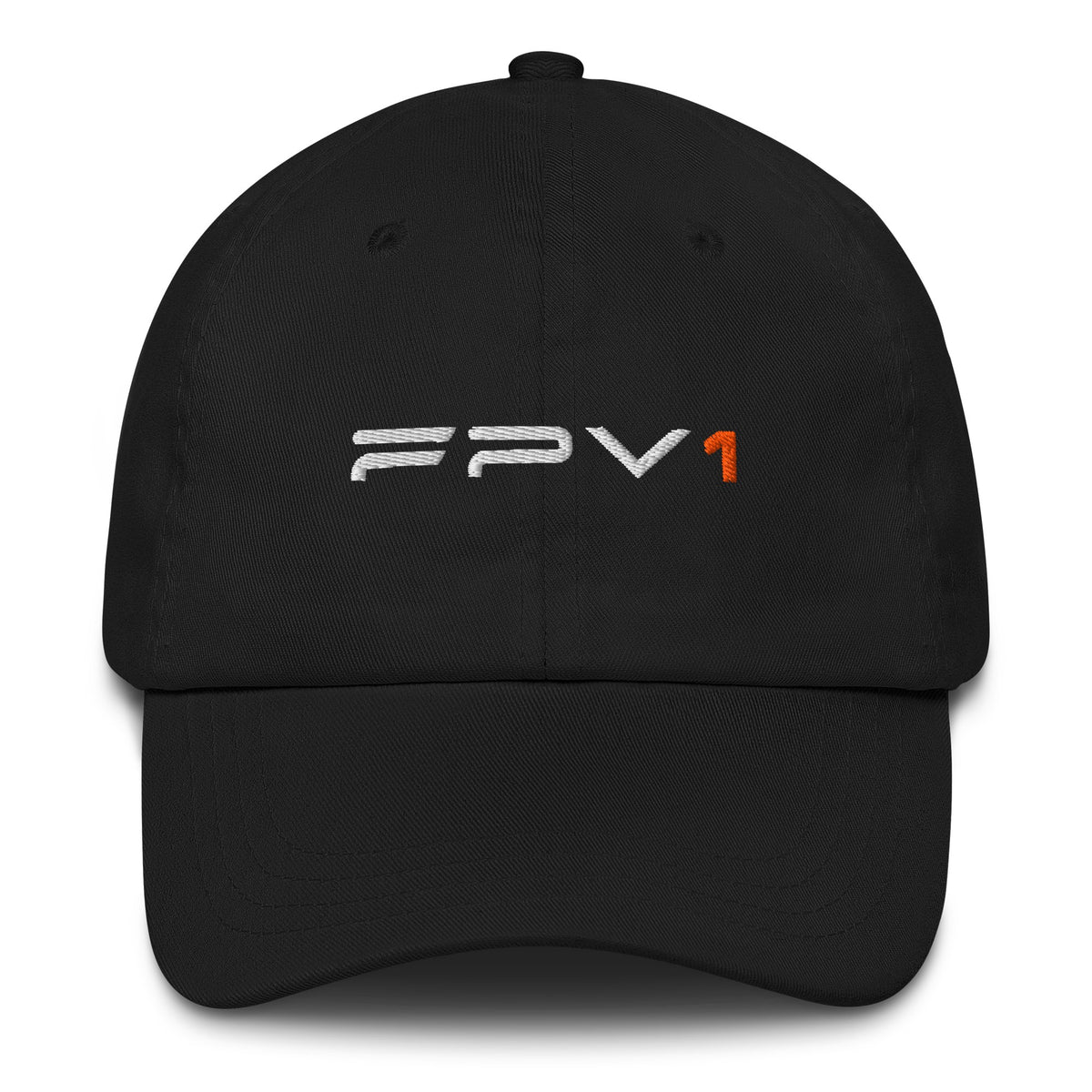 Black FPV1 embroidered cap, front, thin wordmark with orange 1