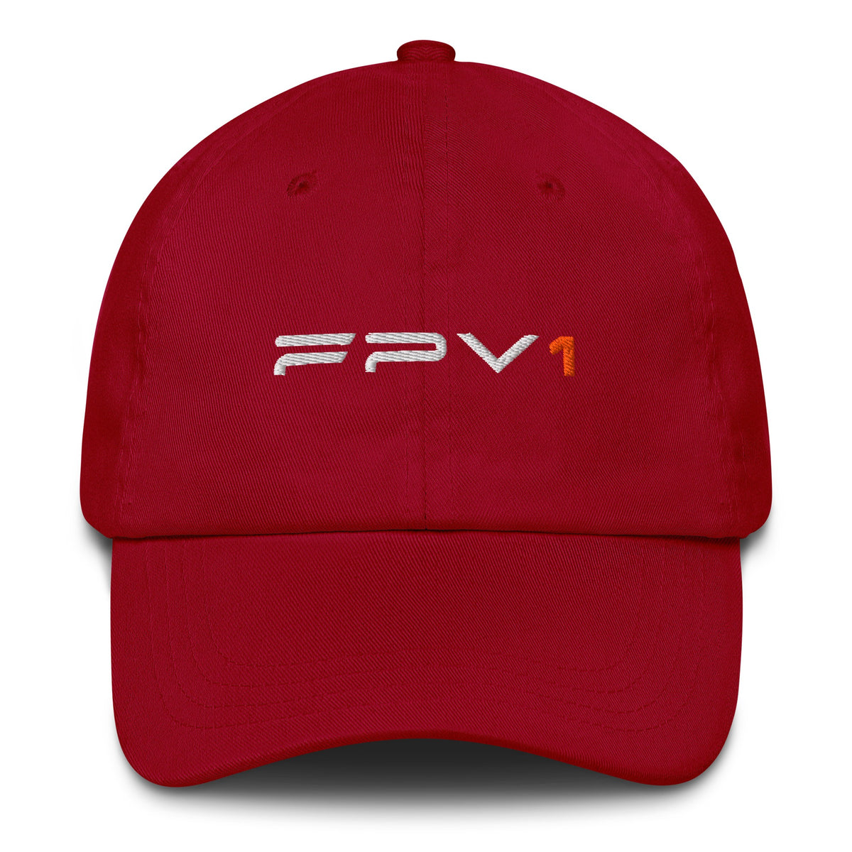 Cranberry FPV1 embroidered cap, front, thin wordmark with orange 1