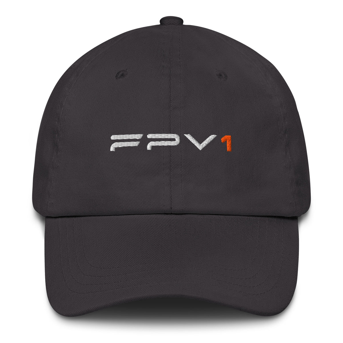 Dark grey FPV1 embroidered cap, front, thin wordmark with orange 1