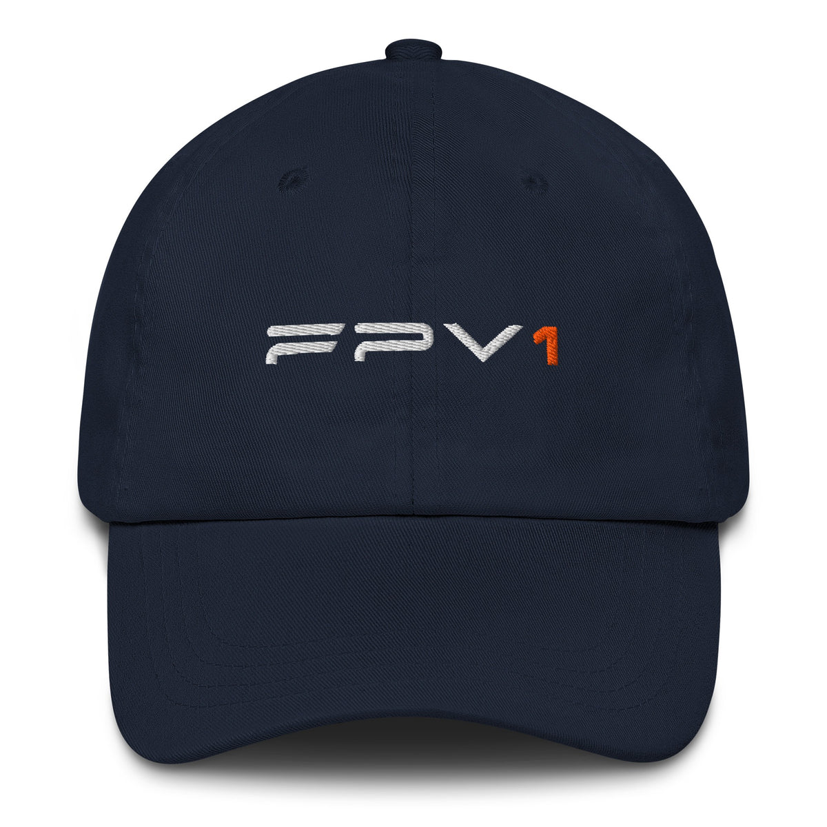 Navy FPV1 embroidered cap, front, thin wordmark with orange 1