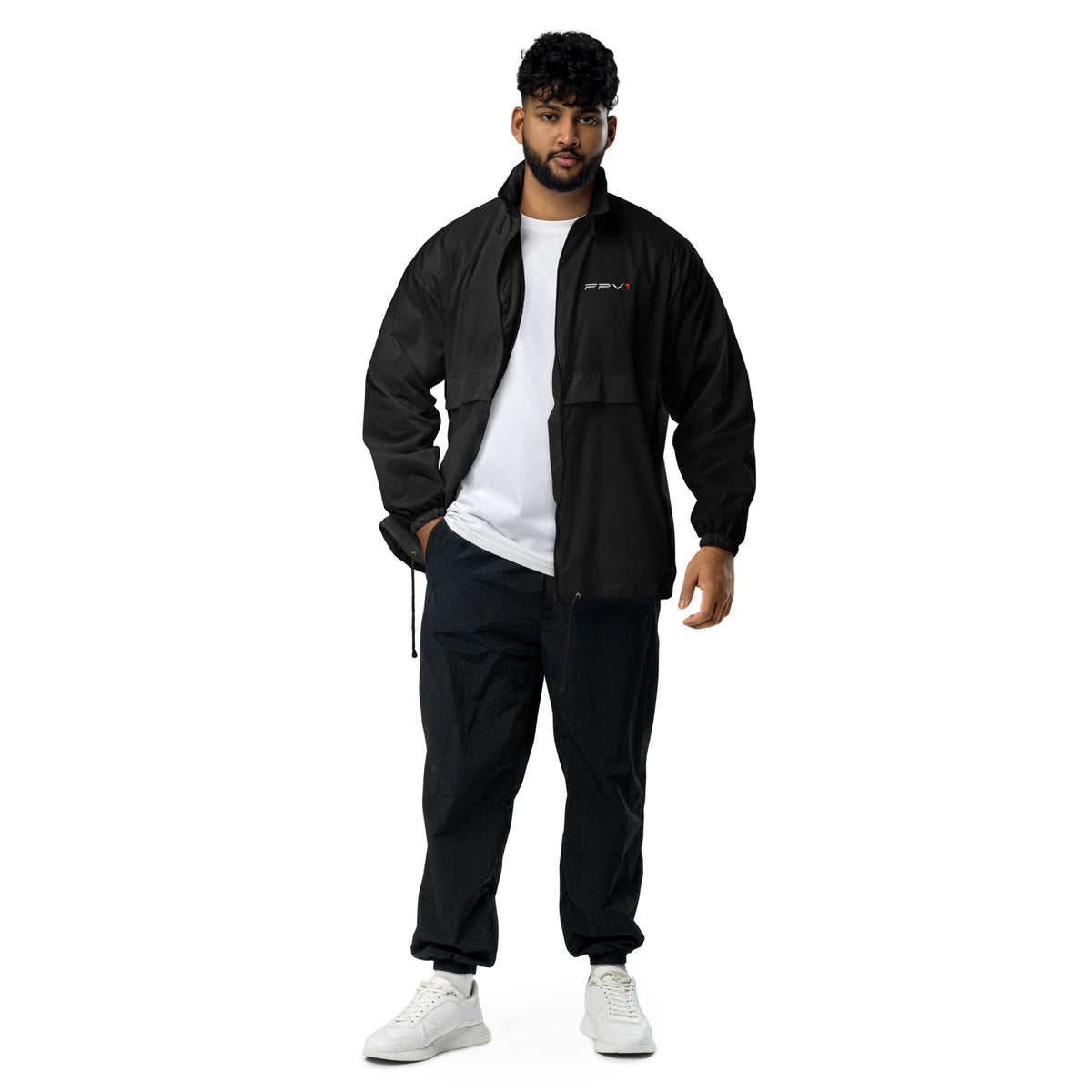 FPV1 Embroidered Windbreaker in Black – front, worn