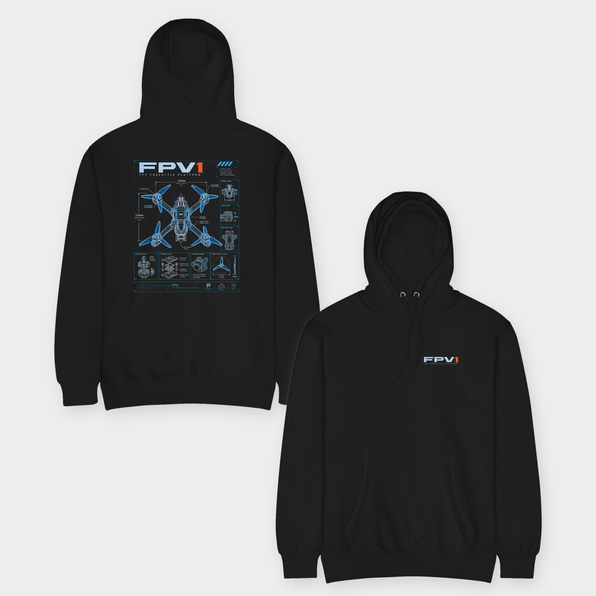 FPV1 Freestyle Hoodie – Premium in Black – front and back