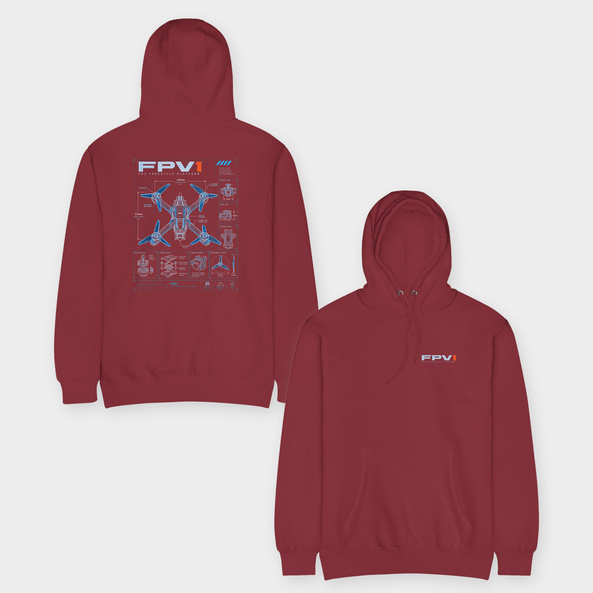 FPV1 Freestyle Hoodie – Premium in Burgundy – front and back