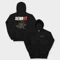 SEND IT Drone Hoodie in Black – front and back