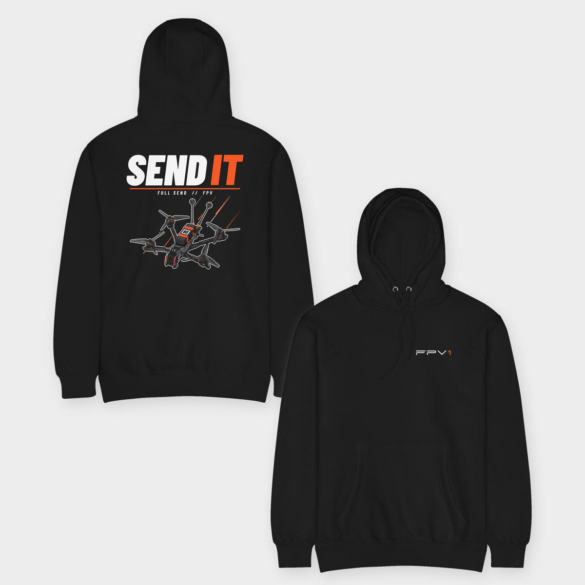 SEND IT Drone Hoodie – Premium in Black – front and back