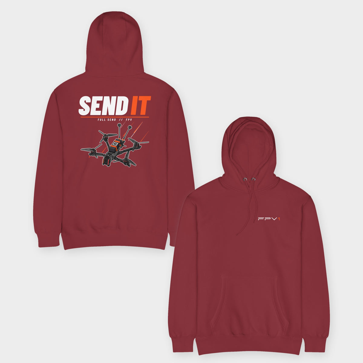SEND IT Drone Hoodie – Premium in Burgundy – front and back