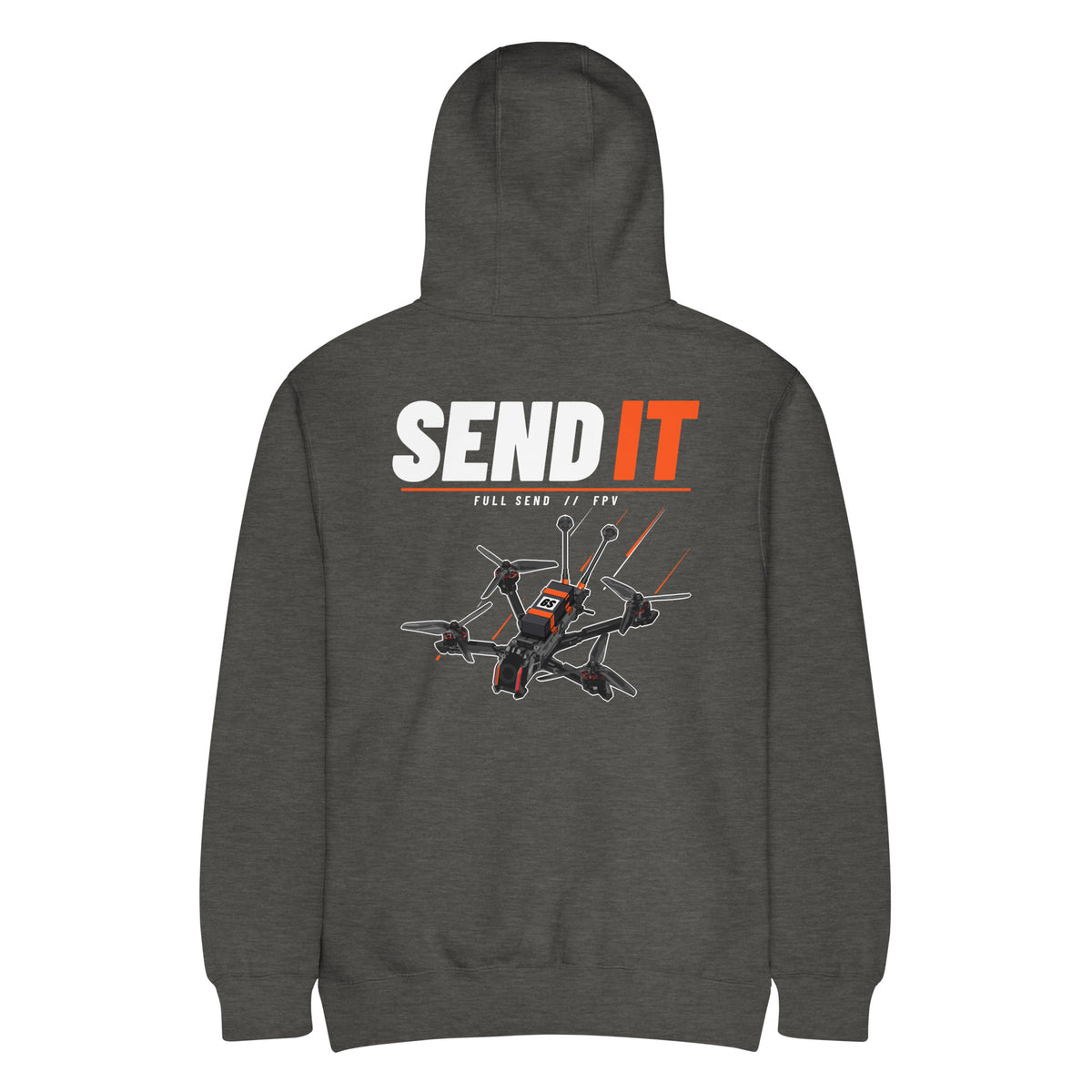 SEND IT Drone Hoodie – Premium in Charcoal Heather – back
