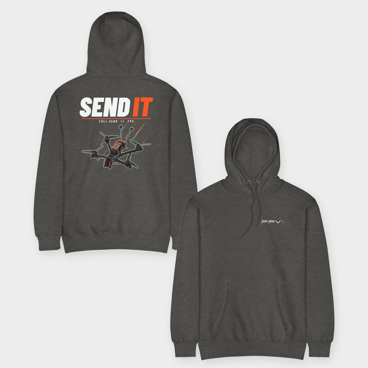 SEND IT Drone Hoodie – Premium in Charcoal Heather – front and back