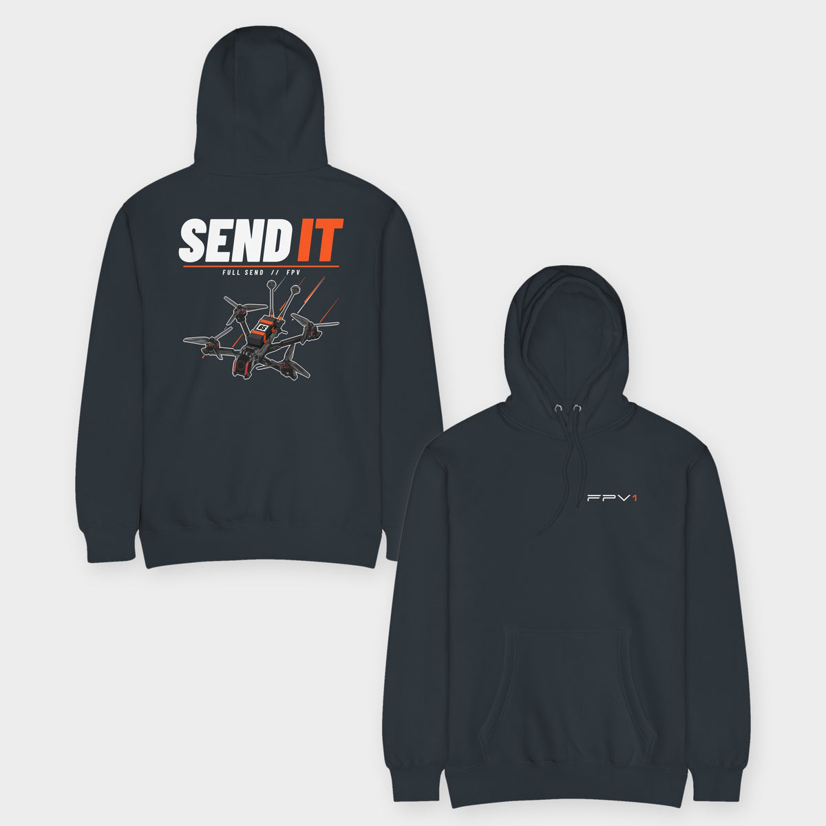 SEND IT Drone Hoodie – Premium in Navy – front and back