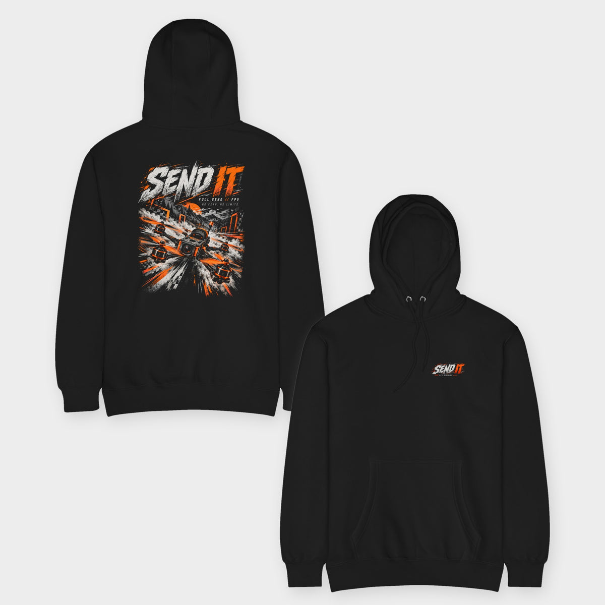 SEND IT FPV Division Hoodie – Premium in Black – front and back