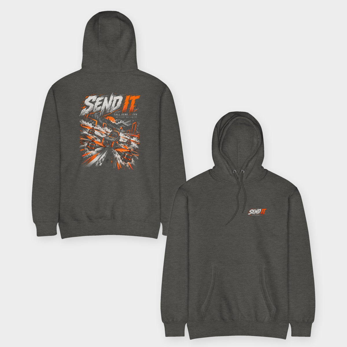SEND IT FPV Division Hoodie – Premium in Charcoal Heather – front and back