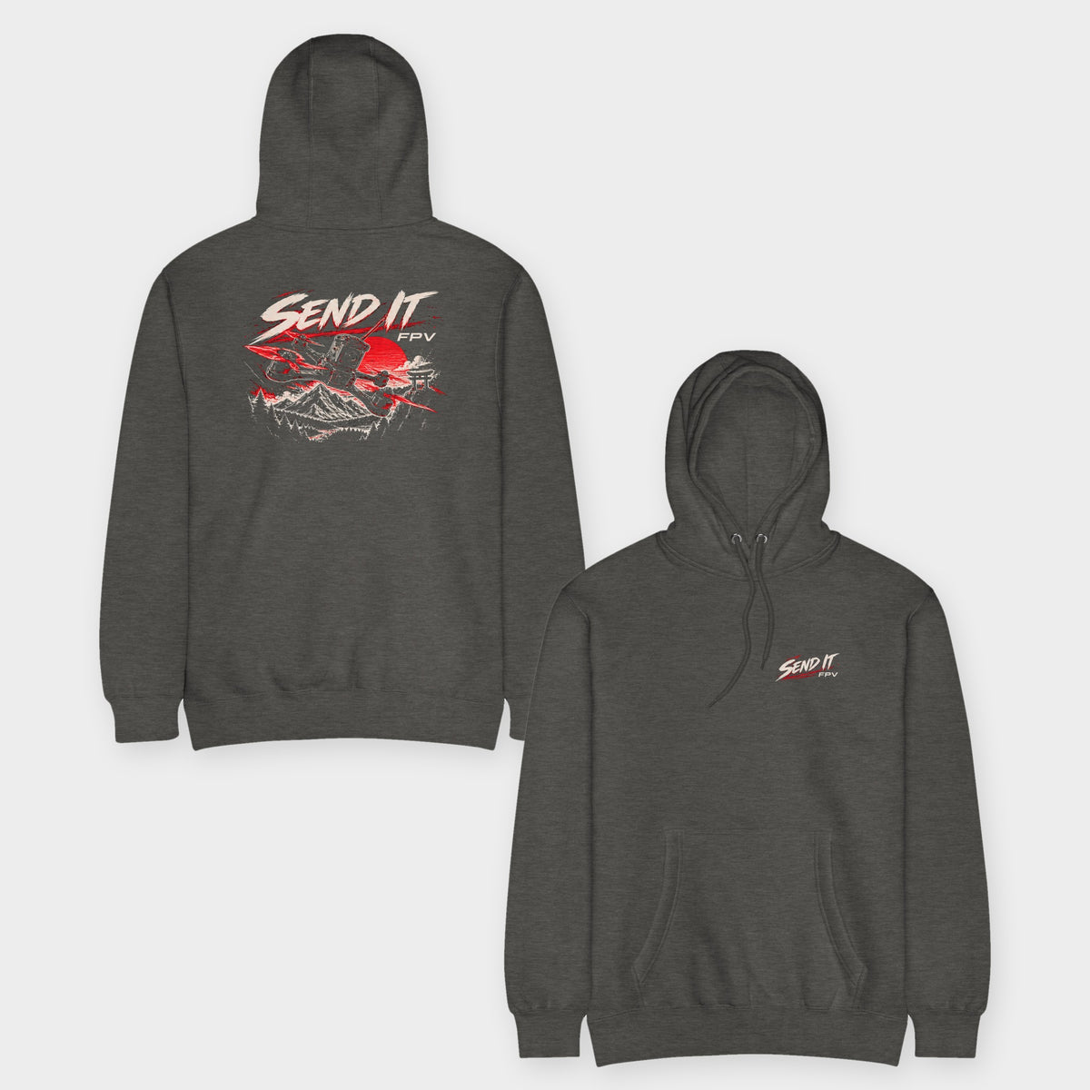 SEND IT FPV Hoodie – Premium in Charcoal Heather – front and back