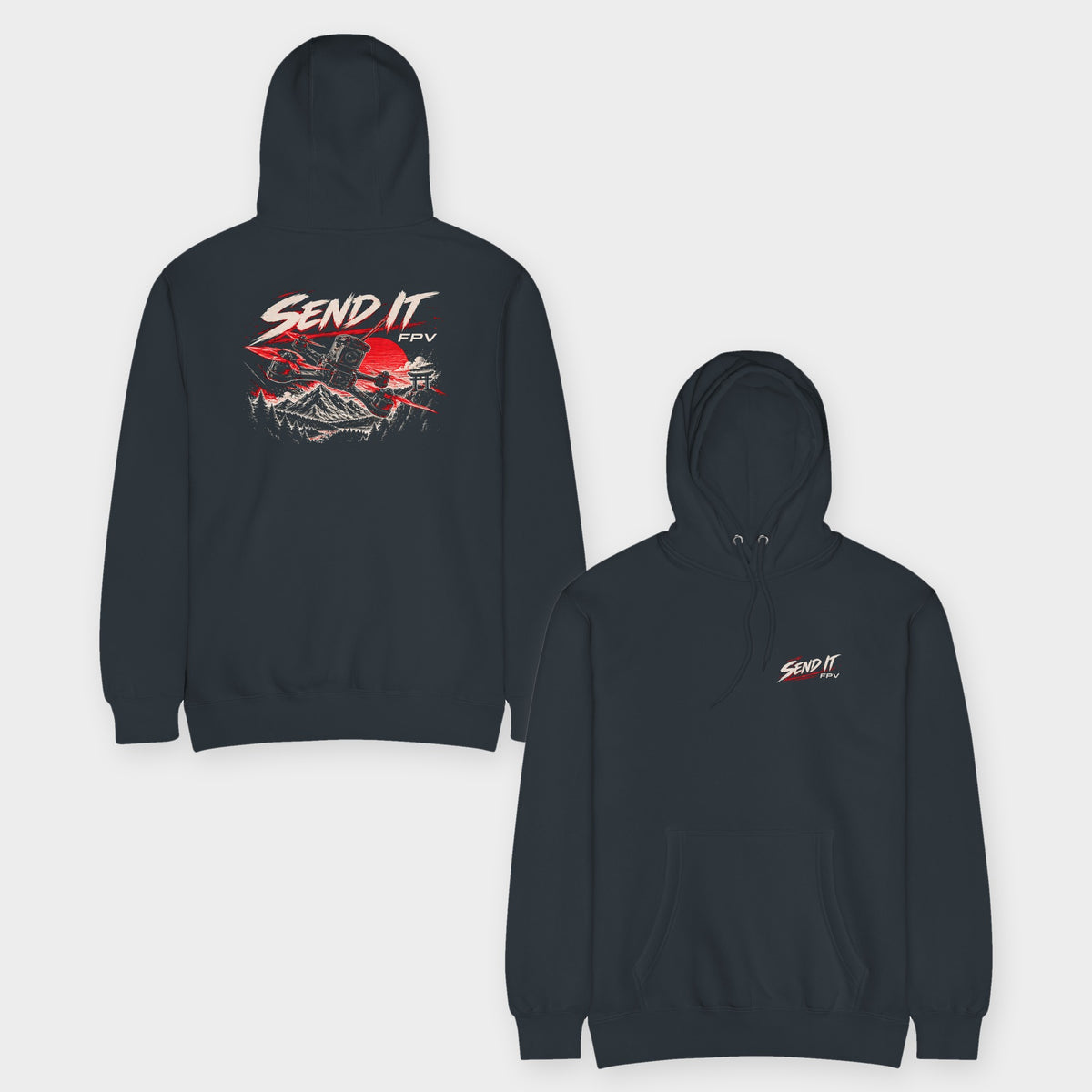 SEND IT FPV Hoodie – Premium in Navy – front and back