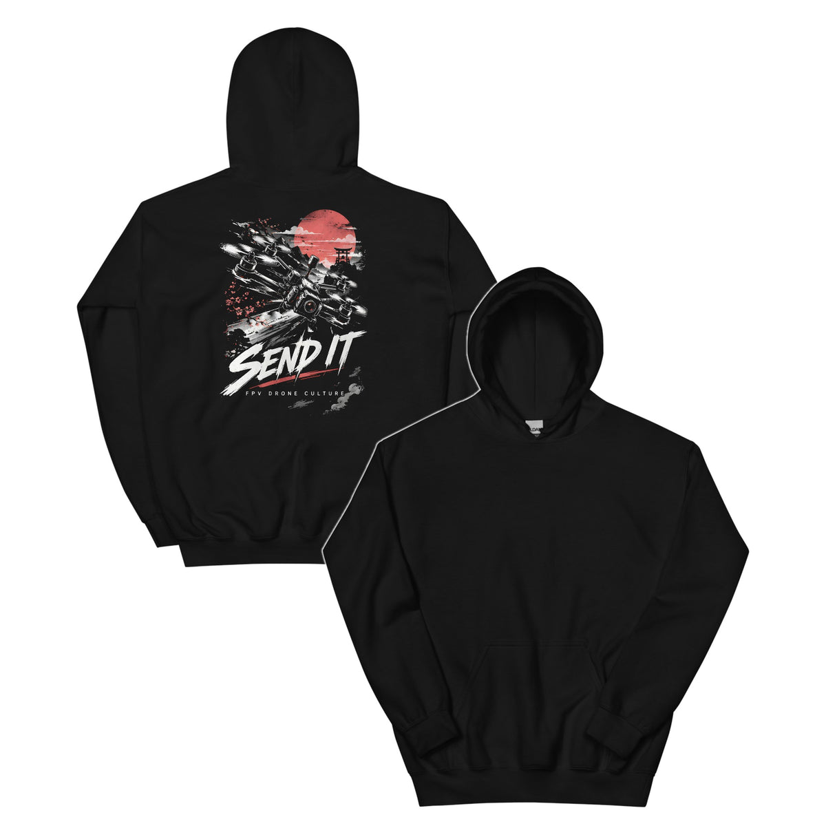 SEND IT Hoodie – Black – front and back