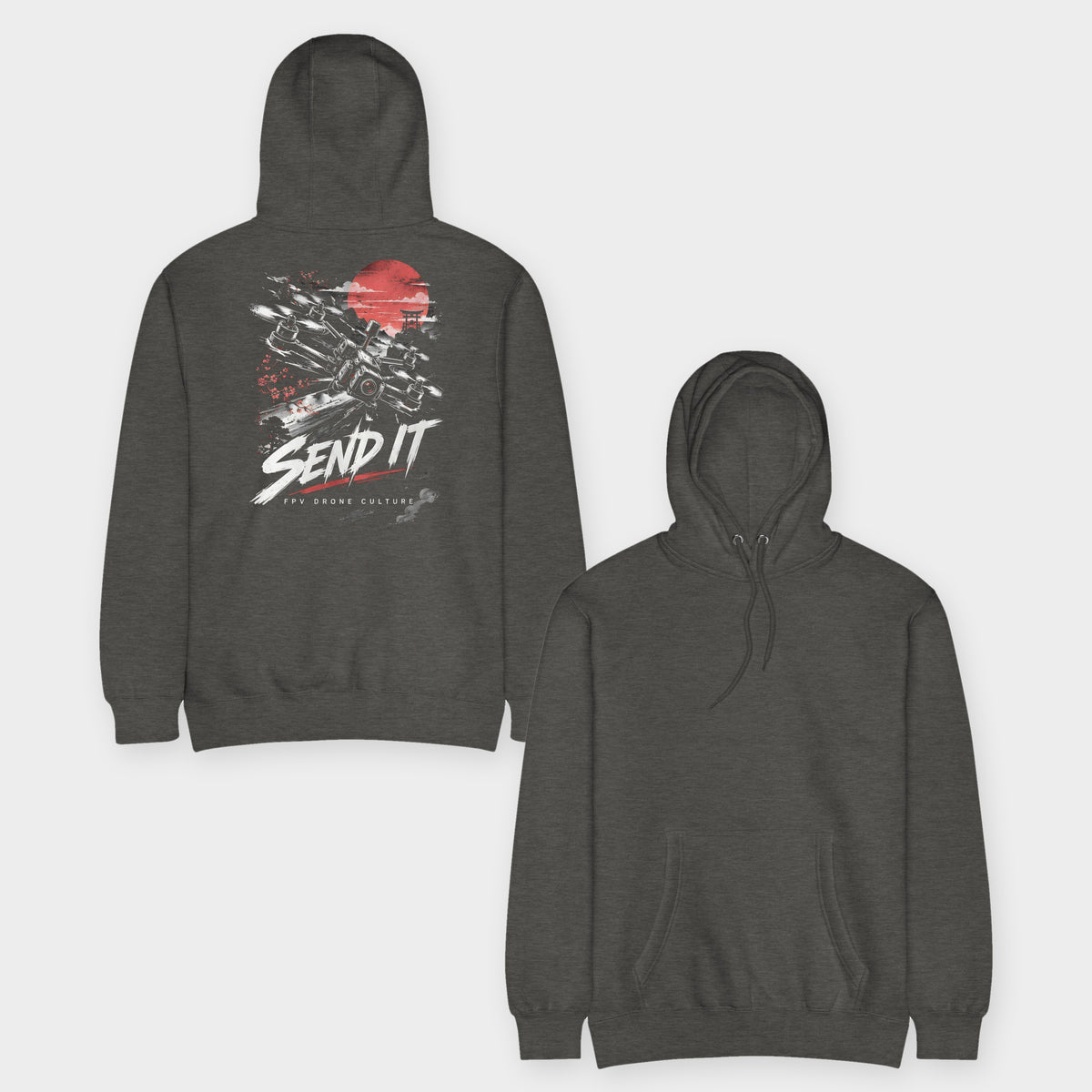 SEND IT Hoodie – Premium in Charcoal Heather – front and back