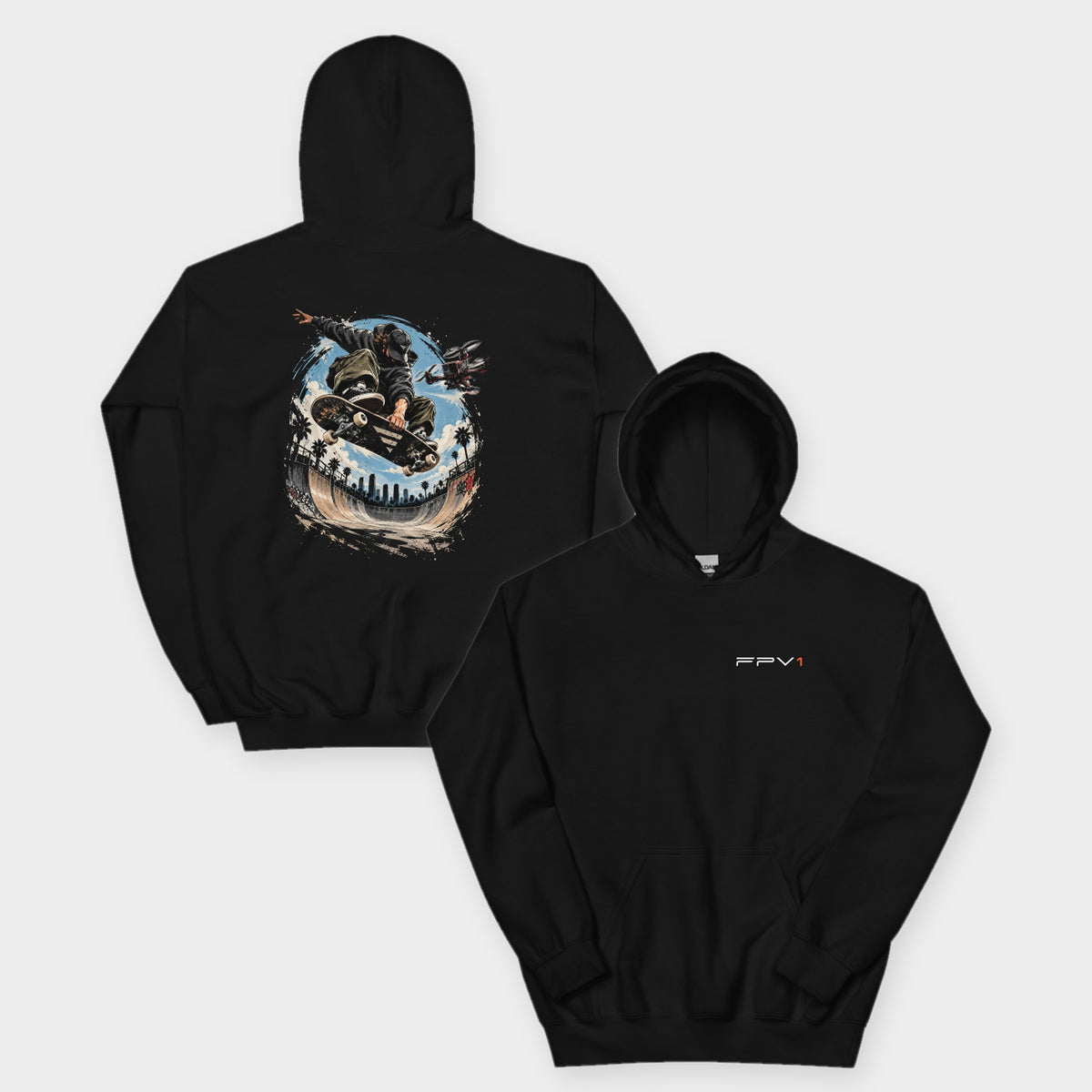 Skate Drone Hoodie in Black – front and back
