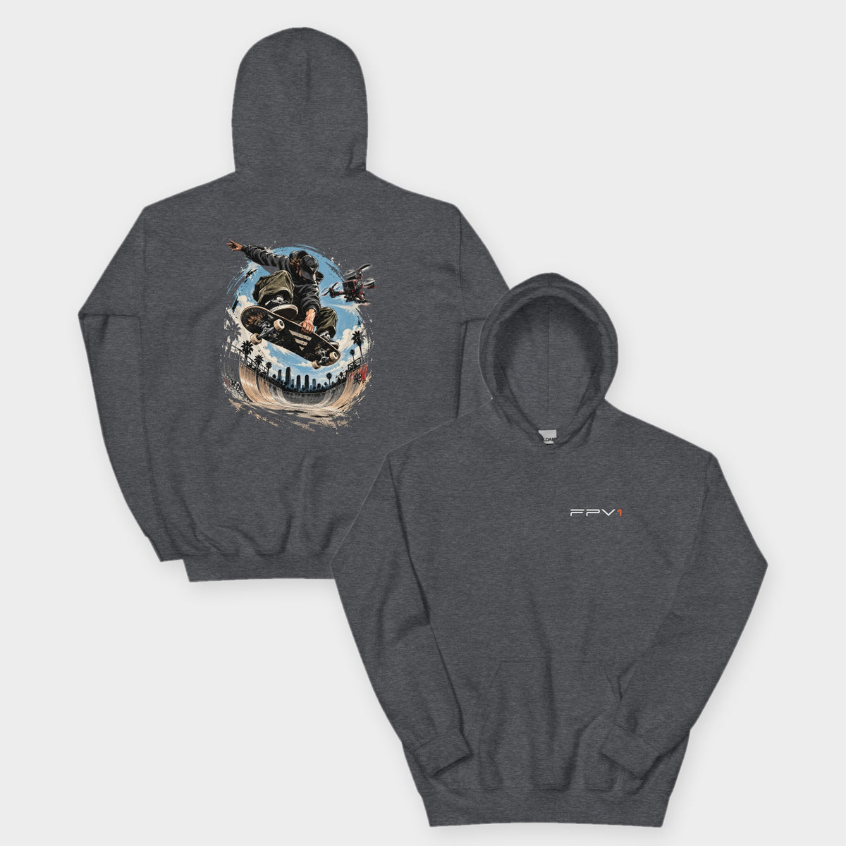 Skate Drone Hoodie in Dark Grey Heather – front and back