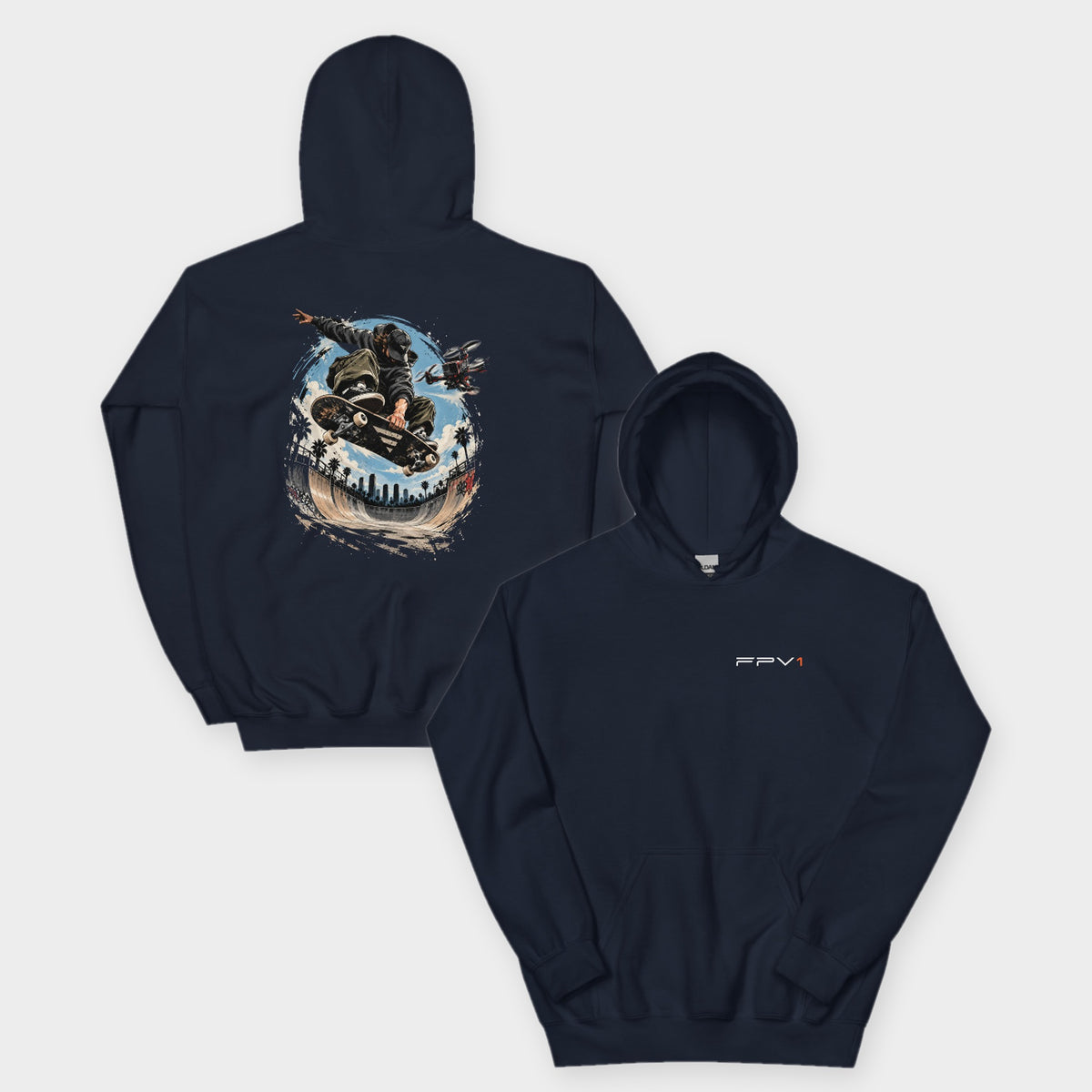 Skate Drone Hoodie in Navy – front and back