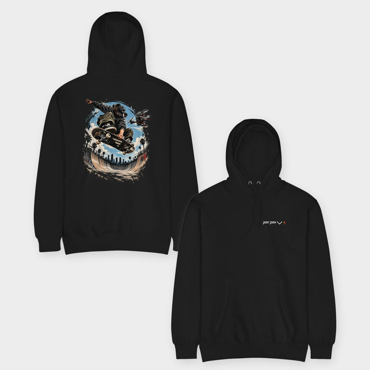 Skate Drone Hoodie – Premium in Black – front and back