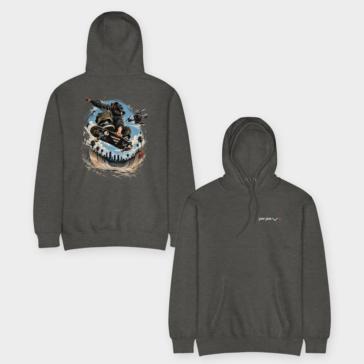 Skate Drone Hoodie – Premium in Charcoal Heather – front and back