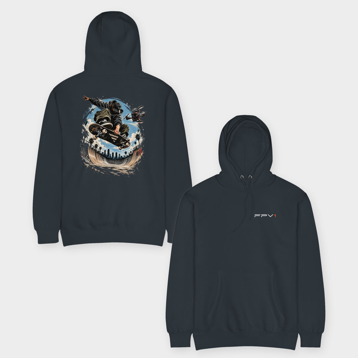 Skate Drone Hoodie – Premium in Navy – front and back
