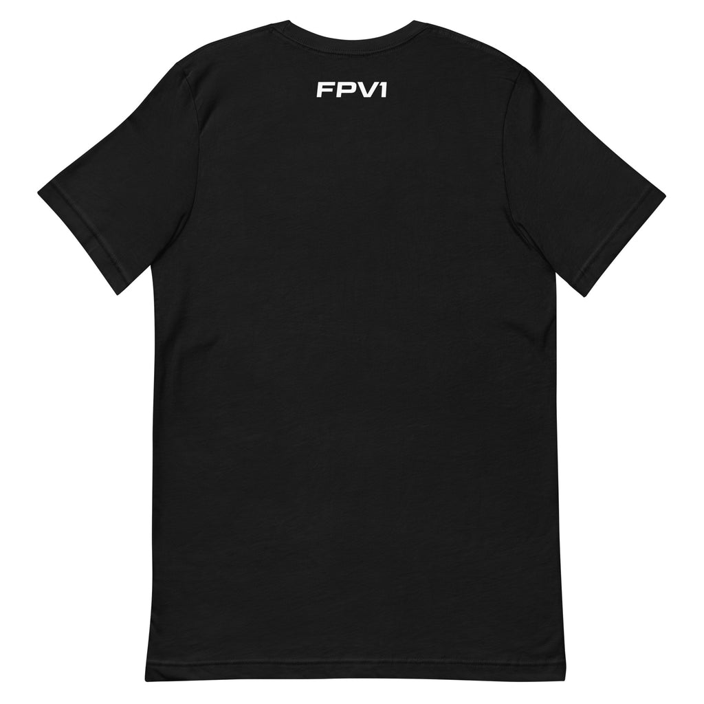 Sunset Tee in Black, back: white FPV1 wordmark on the upper back