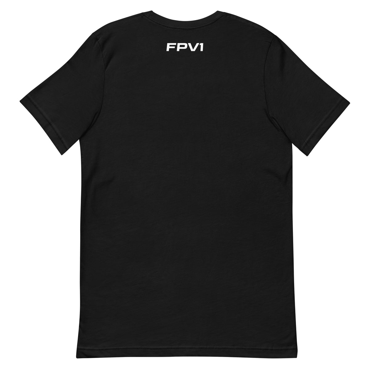 Sunset Tee in Black, back: white FPV1 wordmark on the upper back