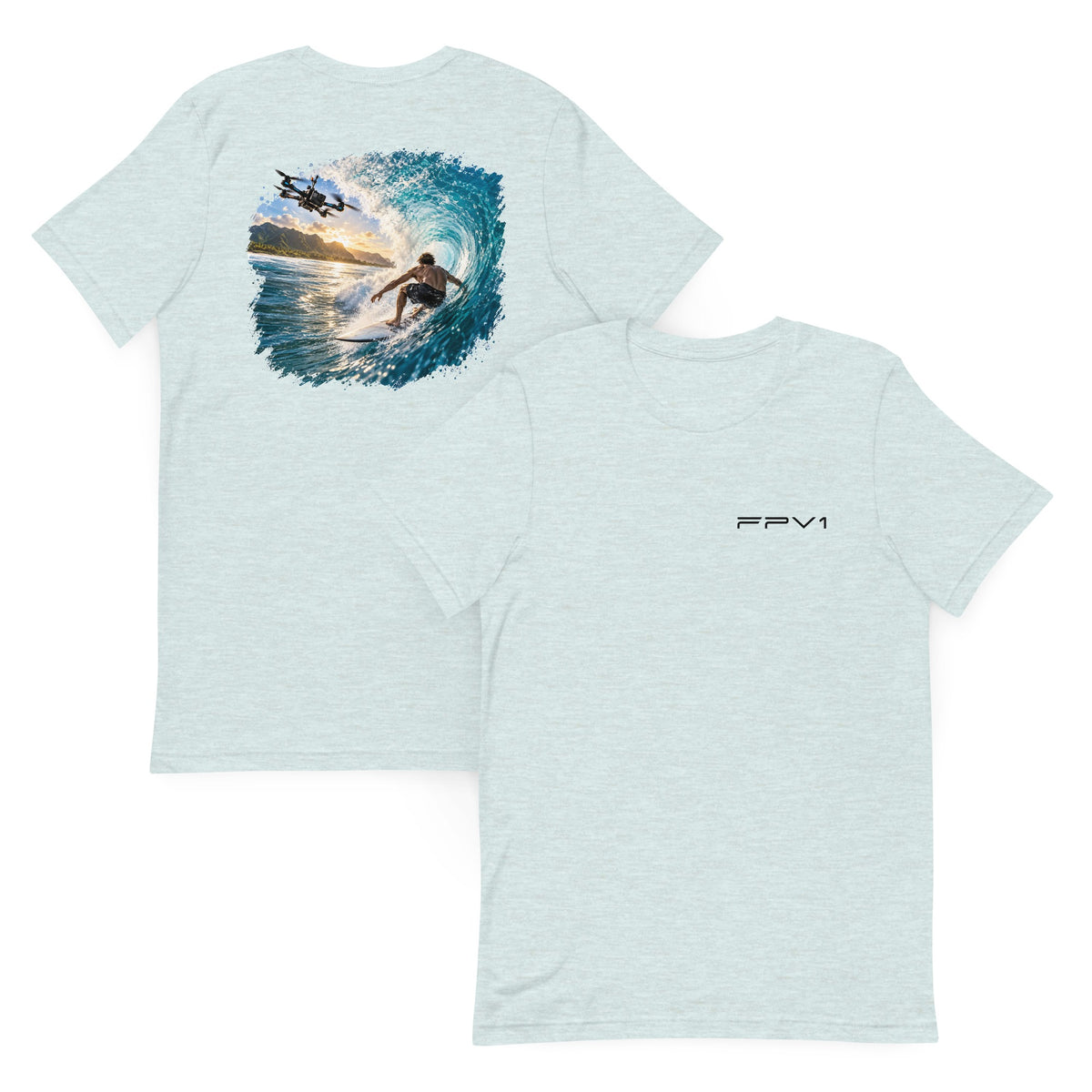Surf Drone T-Shirt in Heather Prism Ice Blue – front and back