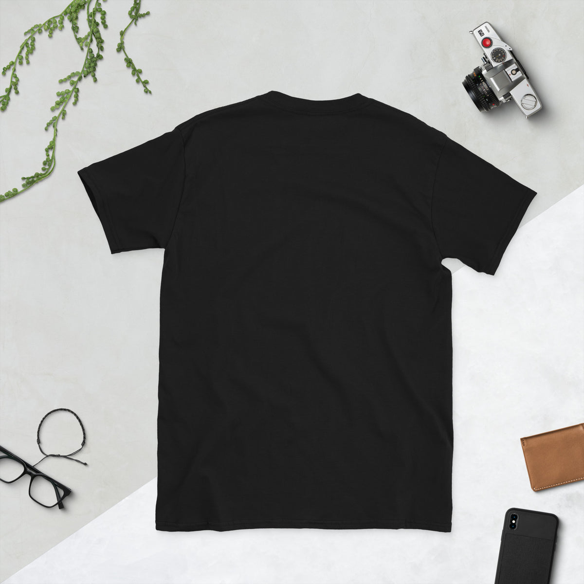 Black FPV1 drone graphic t-shirt, plain back, flat lay