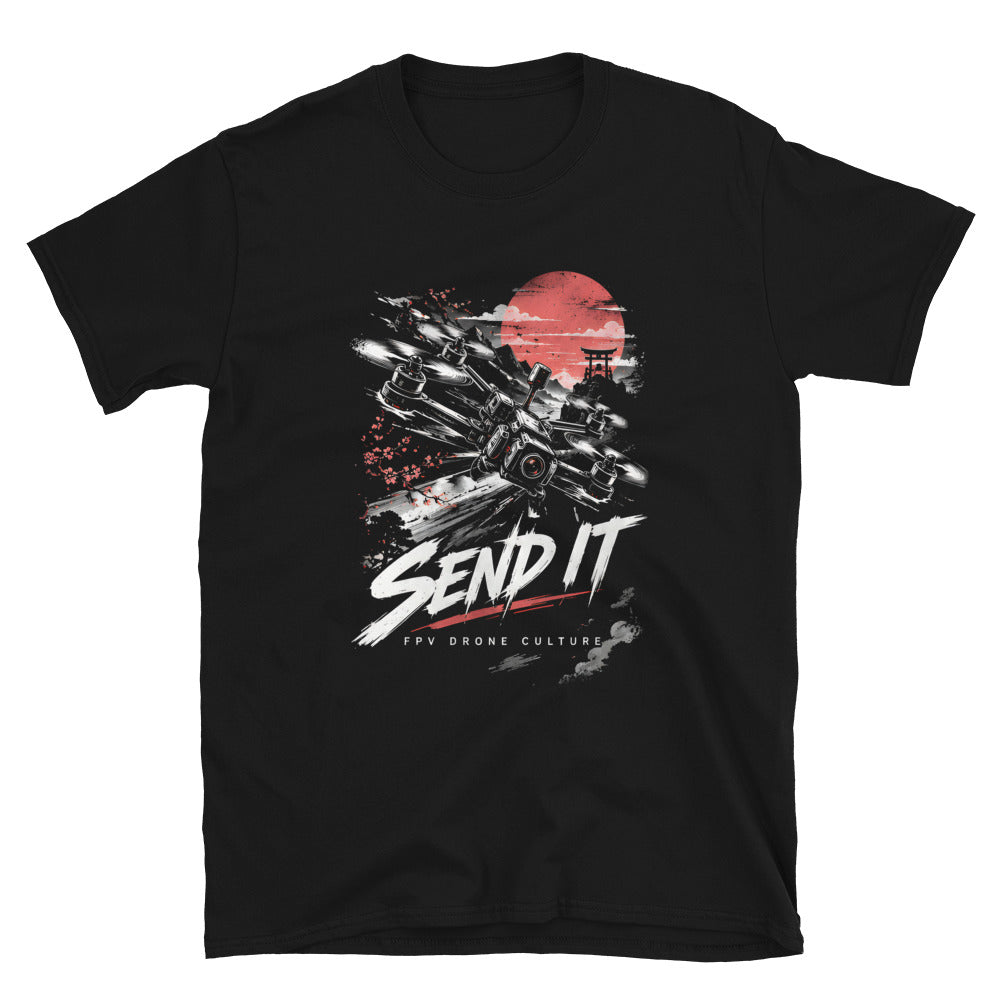 Black FPV1 t-shirt, front: SEND IT print with a four-prop FPV quad past a red sun, cherry blossom and a torii gate, flat lay